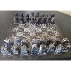 Handmade Polished Stone Chess Set – Aztec Mayan Calendar – 7.5 x 7.5